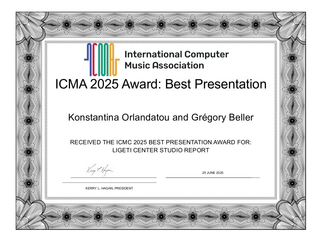 Für ihre Präsentation des „ligeti center Studio Reports“ erhielten Dr. Konstantina Orlandatou und Greg Beller den ICMA Best Presentation Award