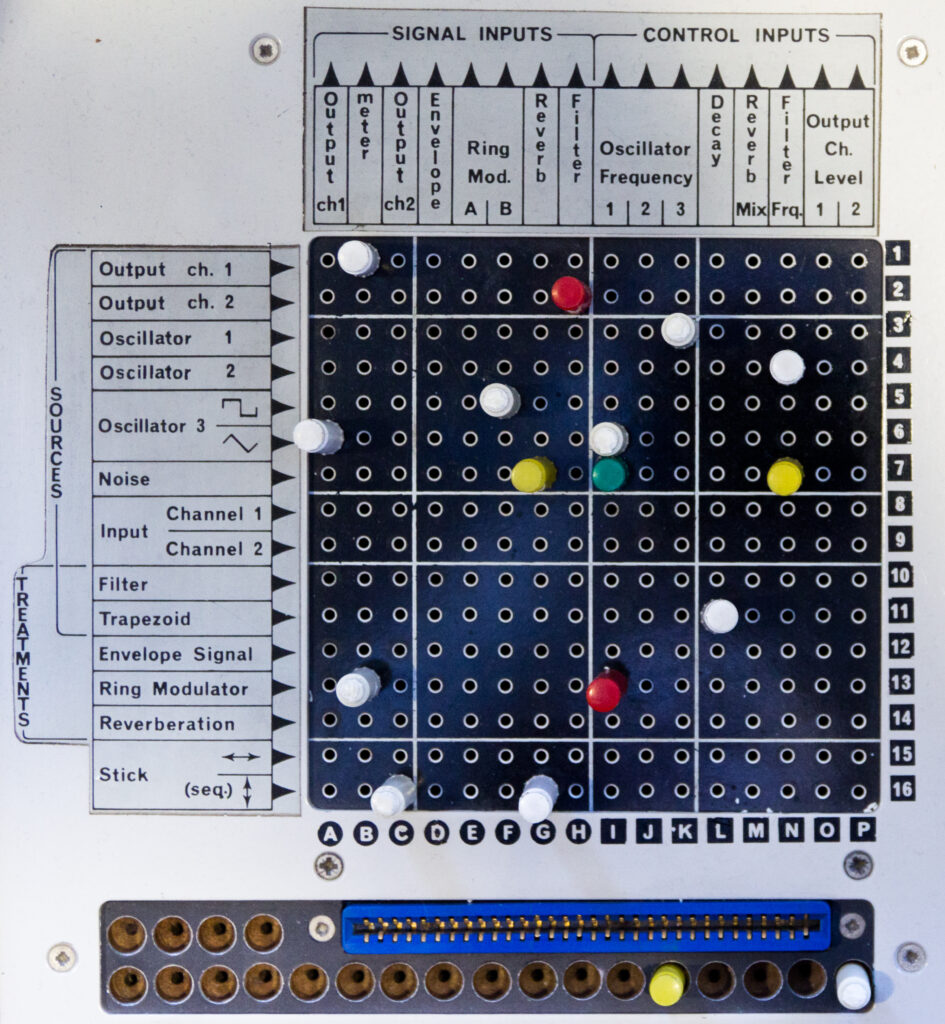 Routing Matrix / Steckerverknüpfungsmatrix auf dem EMS VCS-3 Synthesizer | Foto: FallingOutside CC BY-SA 3.0