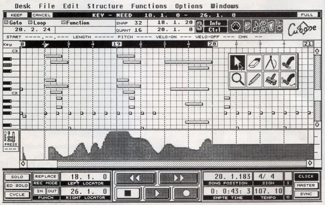 Cubase (KeyEditor + ArrangeScreen) 1989 | Bilder: Nigel Lord